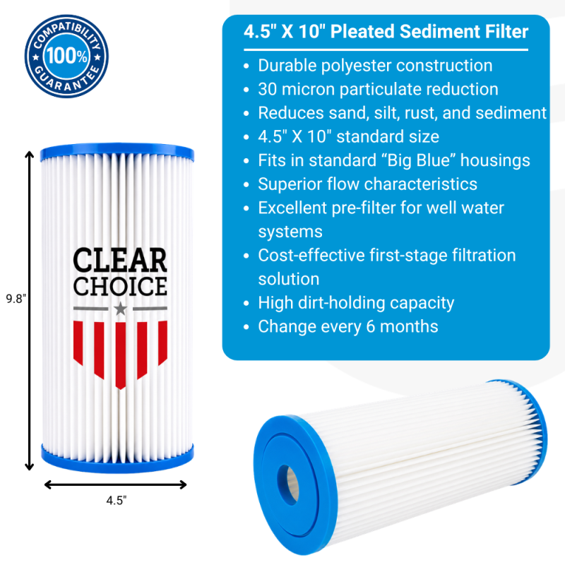 ClearChoice 4.5" x 10" BIG BLUE Pleated Sediment Cartridge 30 micron, 2-Pack
