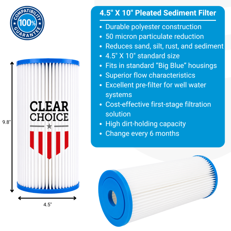 ClearChoice 4.5" x 10" BIG BLUE Pleated Sediment Filter 50 micron, 8-Pack