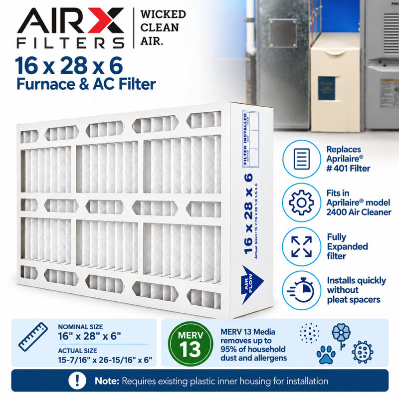 16x28x6 AIRx HEALTH Aprilaire 401 Replacement Air Filter - MERV 13, 2-Pack