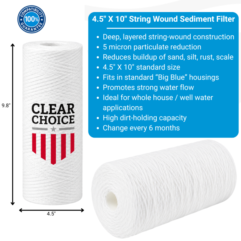 ClearChoice 4.5" x 10" BIG BLUE String Wound Sediment Cartridge 5 micron, 8-Pack